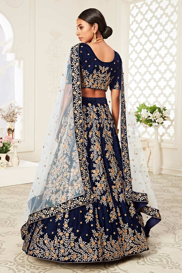 Navy Blue Velvet Zari Embroider With Diamond Work Lehenga Set ('7707)