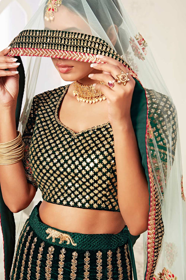 Green Velvet Zari And Sequins Embroidery With Diamond Work Lehenga Set ('7708)