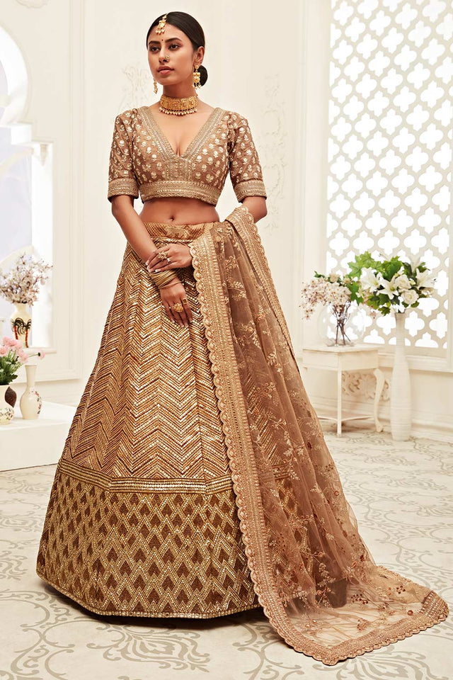 Brown Slub Silk Zari And Sequins Embroidery Work Lehenga Set ('7709)