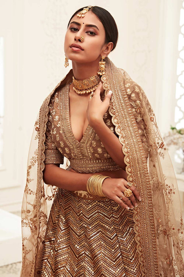 Brown Slub Silk Zari And Sequins Embroidery Work Lehenga Set ('7709)