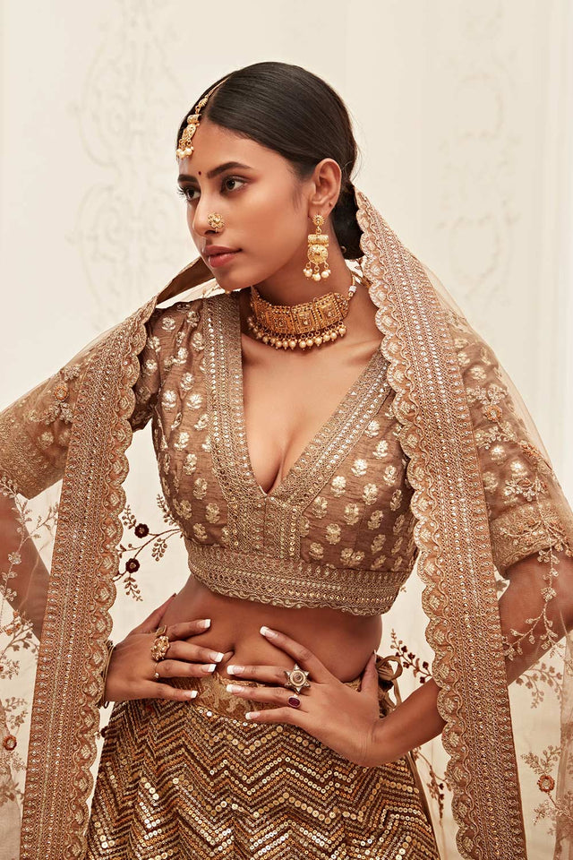 Brown Slub Silk Zari And Sequins Embroidery Work Lehenga Set ('7709)