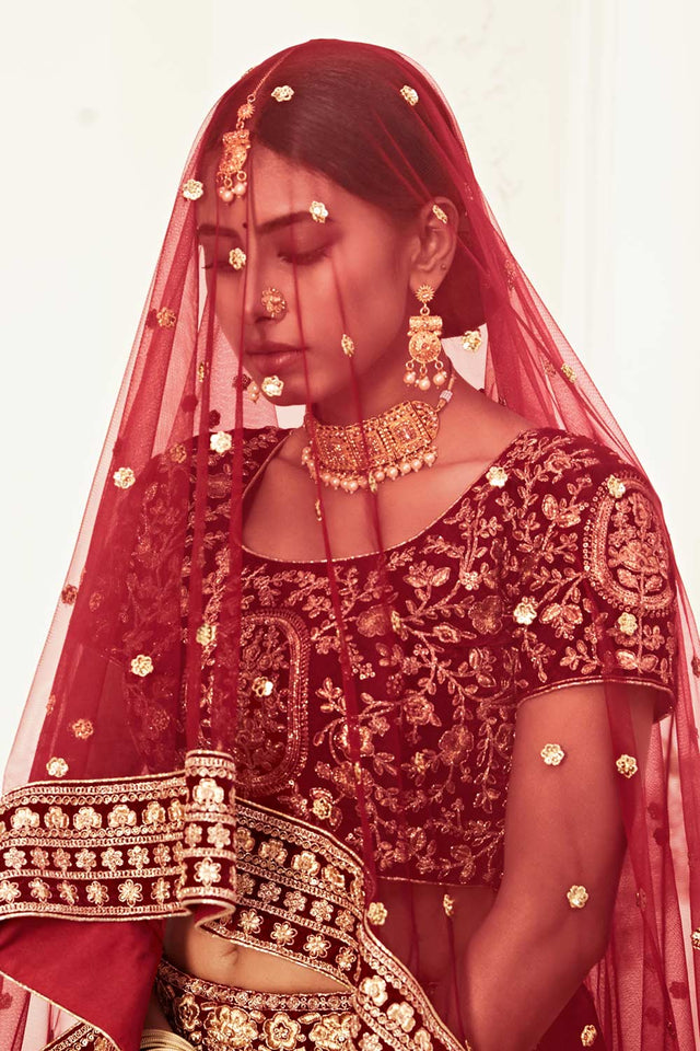 Red Velvet Zari And Sequins Embroidery Work Lehenga Set ('7710)