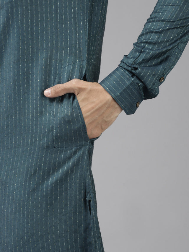Buy Men's Teal Art Silk Woven Thread Work Kurta Pajama Set Online - Zoom In