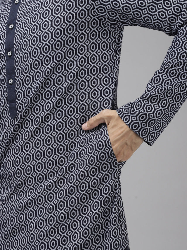 Buy Men's Blue Cotton Geometric Printed Straight Kurta Online - Side
