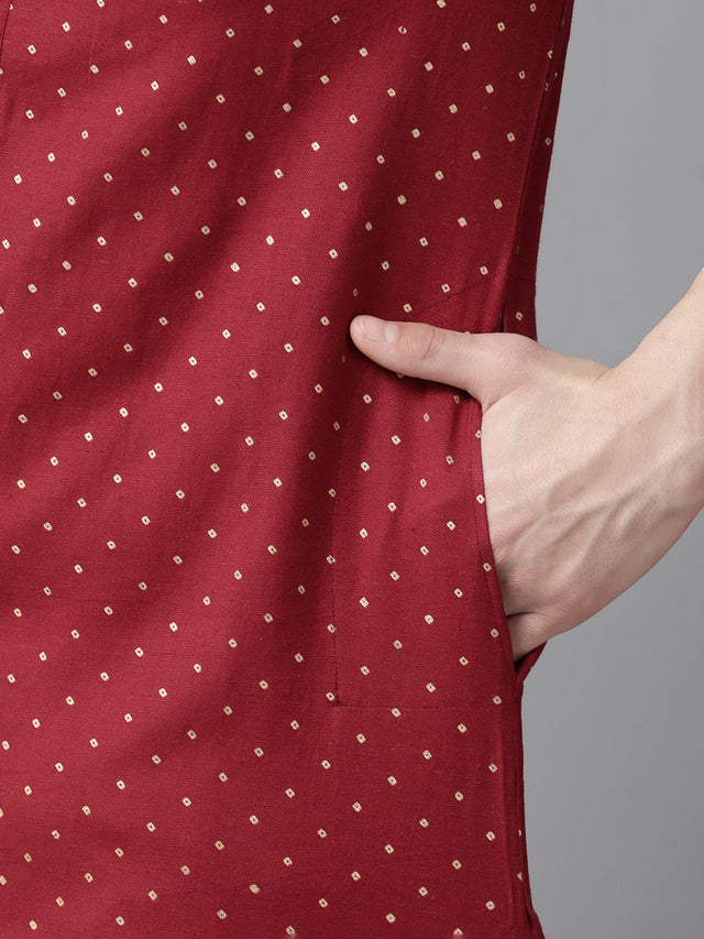 Buy Men's Maroon Pure Cotton Printed Kurta Pajama Set Online - Zoom In