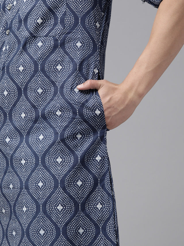 Buy Men's Indigo Pure Cotton Printed Pathani Set Online - Zoom In