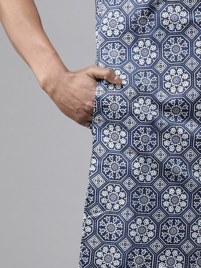 Buy Men's Indigo Pure Cotton Floral Printed Pathani Set Online - Zoom In