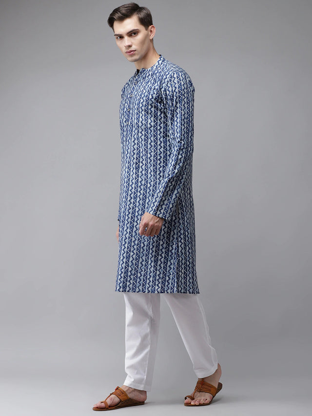 Buy Men's Blue Cotton Printed Kurta Pajama Set Online - Front