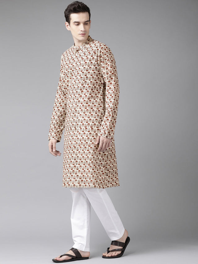 Buy Men's Beige Cotton Printed Kurta Pajama Set Online - Front