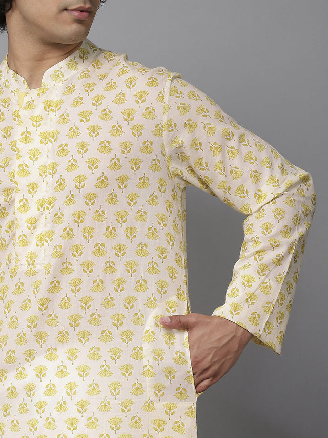 Buy Men's Yellow Pure Cotton Floral Printed Kurta Pajama Set Online - Zoom In