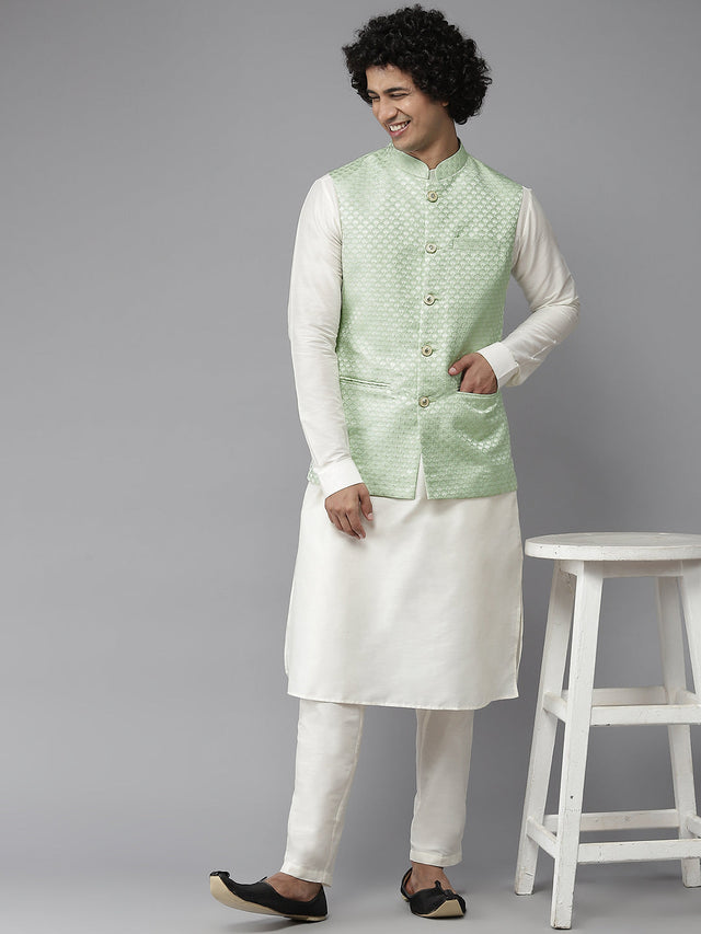 Buy Men's Off-White Silk Jacquard Woven Design Kurta Pajama Jacket Set Online - Side