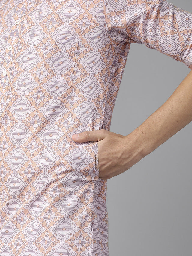 Buy Men's Beige Pure Cotton Printed Pathani Set Online - Zoom In