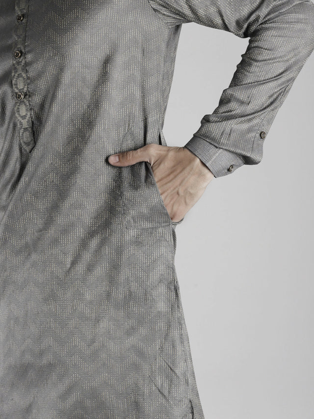 Buy Men's Grey Cotton Woven Thread Work Straight Kurta Online - Side
