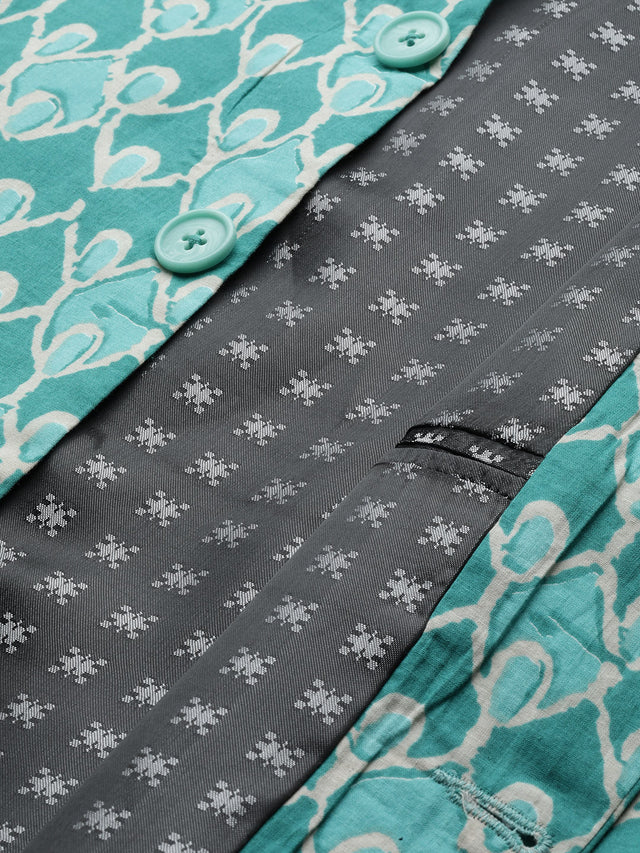 Buy Men's Pista Pure Cotton Printed Kurta Pajama Jacket Set Online - Zoom Out