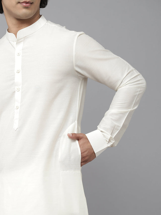 Buy Men's Off-White Silk Jacquard Woven Design Kurta Pajama Jacket Set Online
