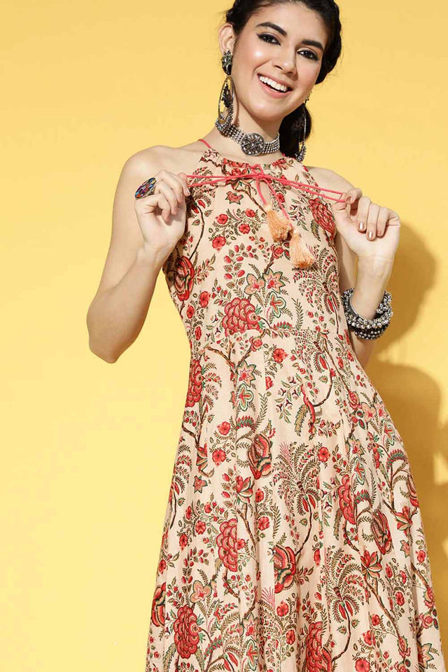 Beige Pure Cotton Floral Print Dress