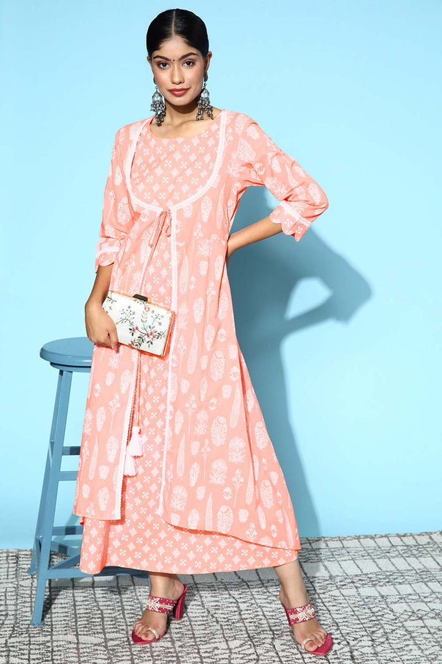 Peach Pure Cotton Thread Tassel And Lace Dress (9585DRSPC)