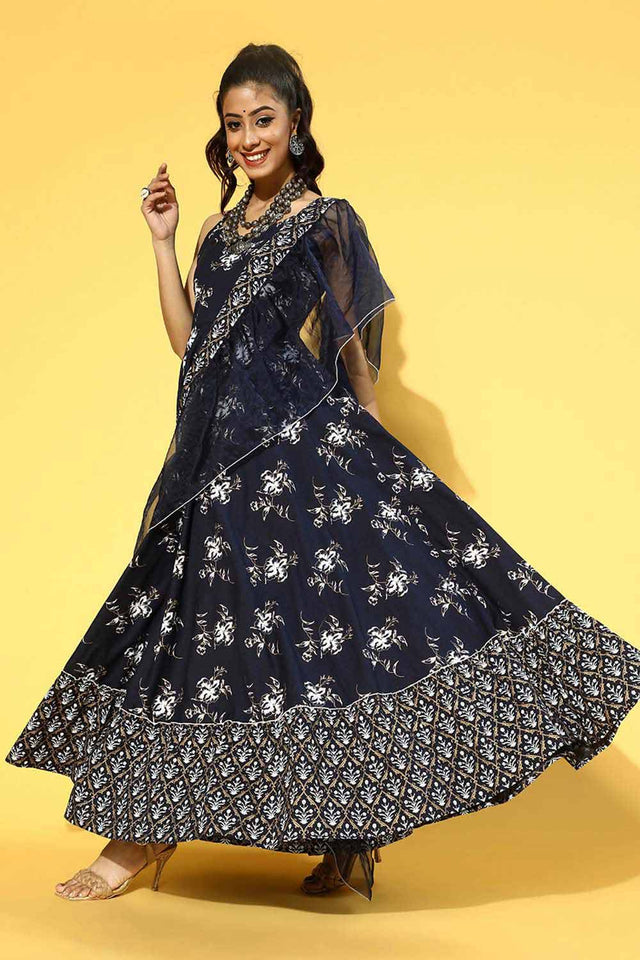Navy Blue Pure Cotton Ethnic Motifs Dress