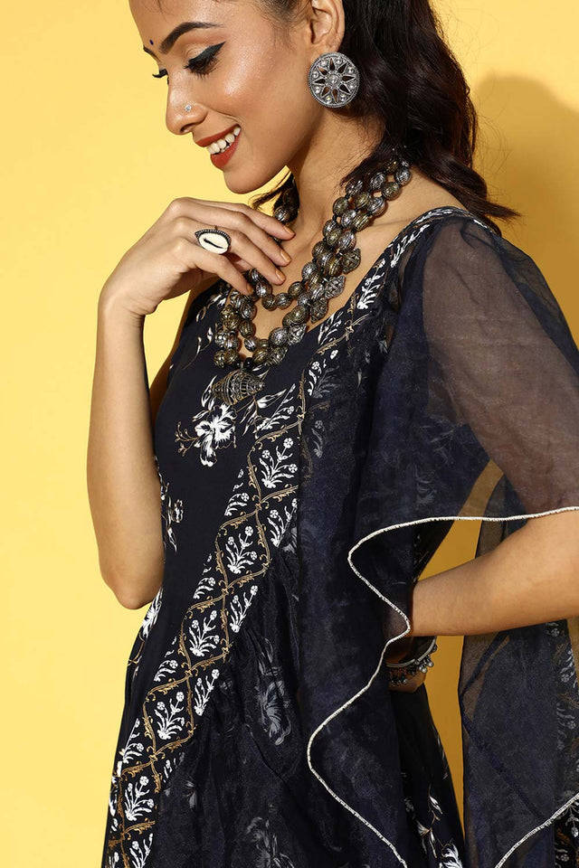 Navy Blue Pure Cotton Ethnic Motifs Dress