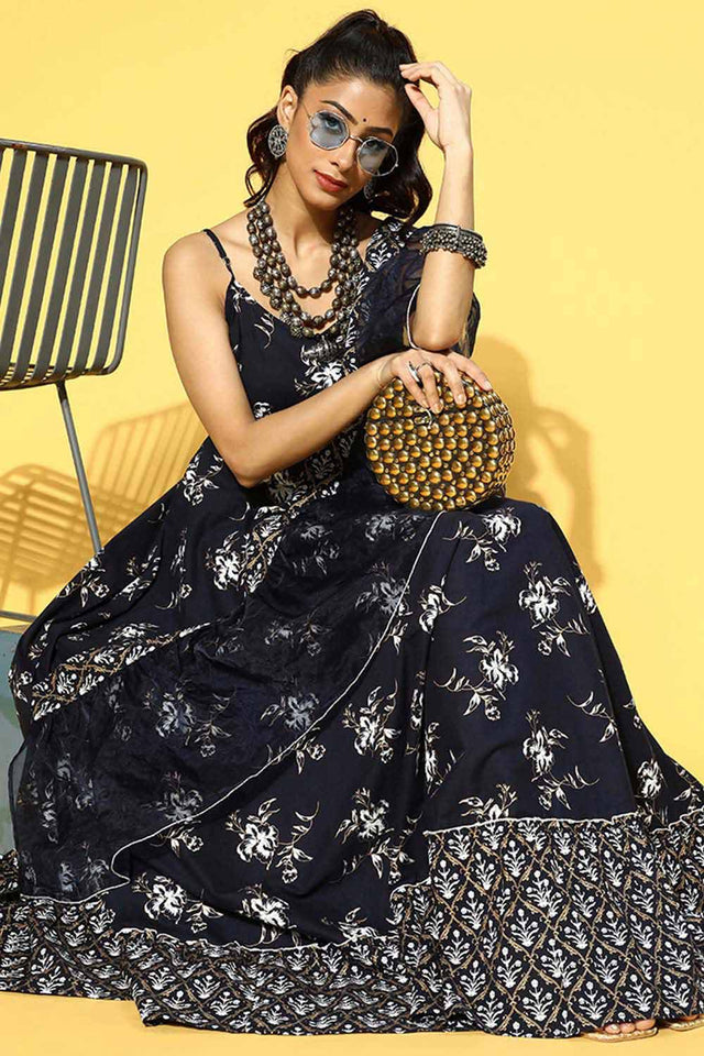 Navy Blue Pure Cotton Ethnic Motifs Dress