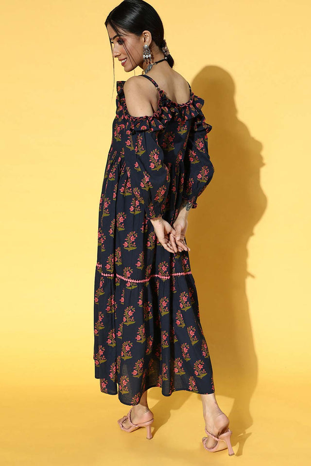 Navy Blue Pure Cotton Floral Print Dress