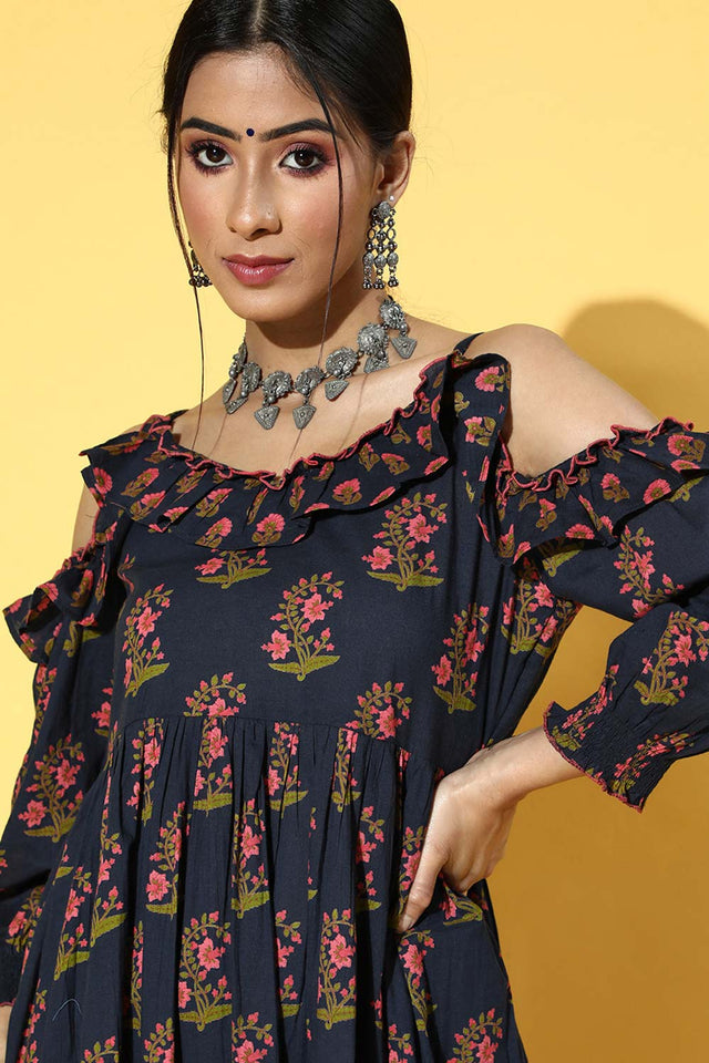 Navy Blue Pure Cotton Floral Print Dress