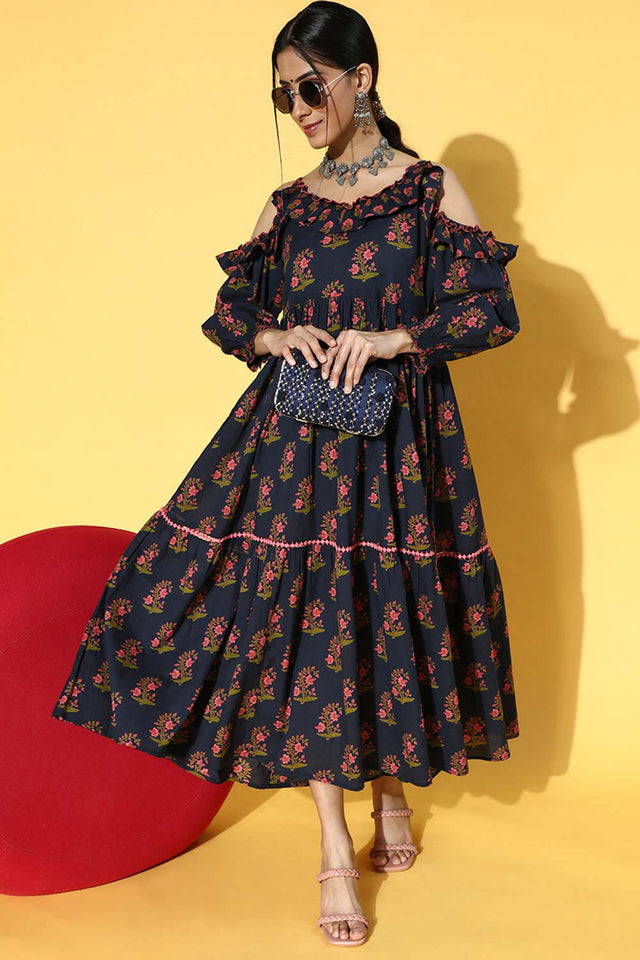 Navy Blue Pure Cotton Floral Print Dress