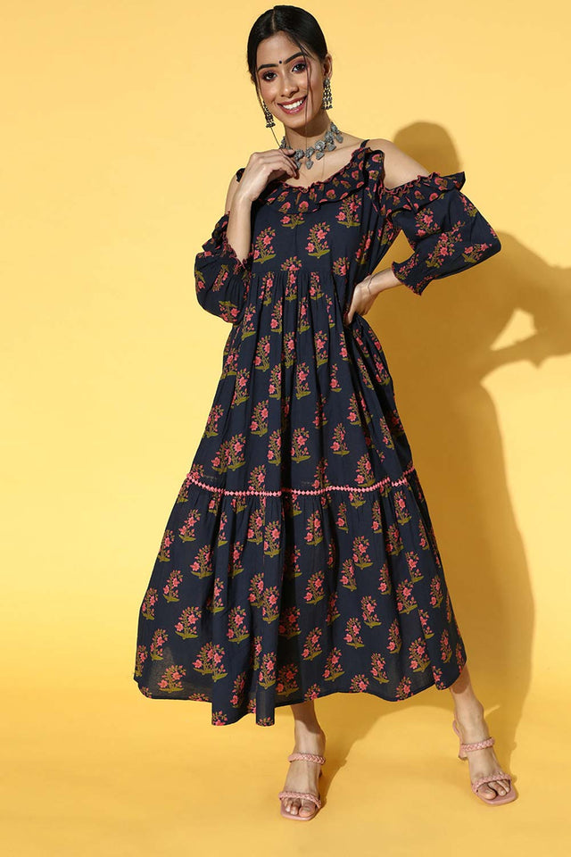 Navy Blue Pure Cotton Floral Print Dress
