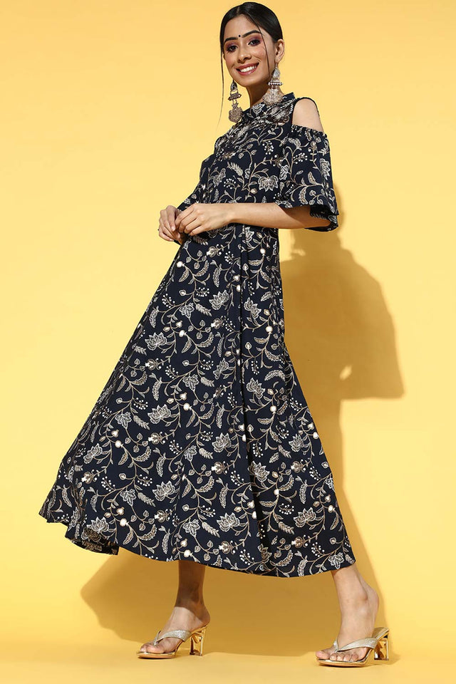 Navy Blue Pure Cotton Embroidered Dress