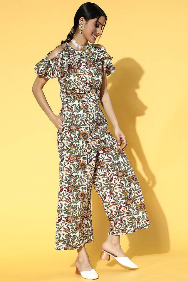 White Pure Cotton Floral Print Jumpsuit