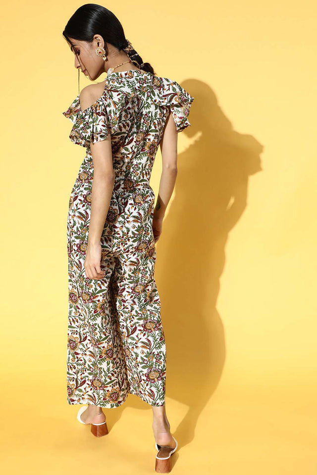 White Pure Cotton Floral Print Jumpsuit