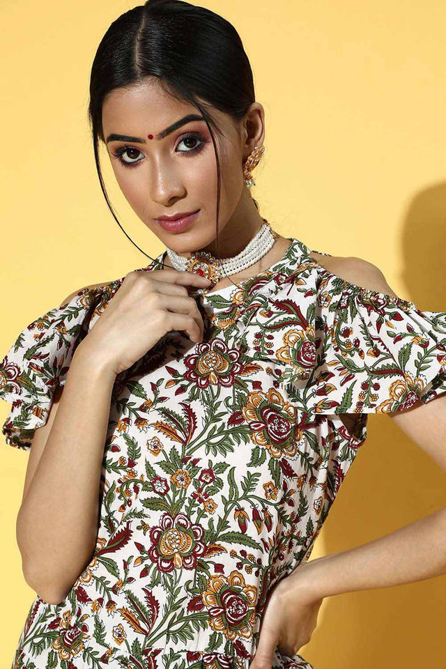 White Pure Cotton Floral Print Jumpsuit