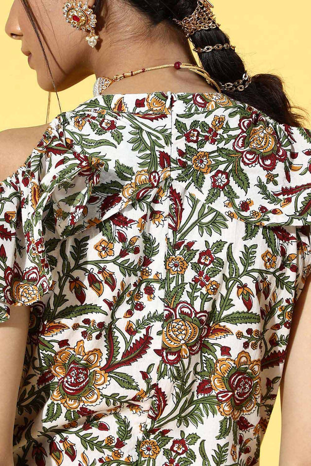 White Pure Cotton Floral Print Jumpsuit