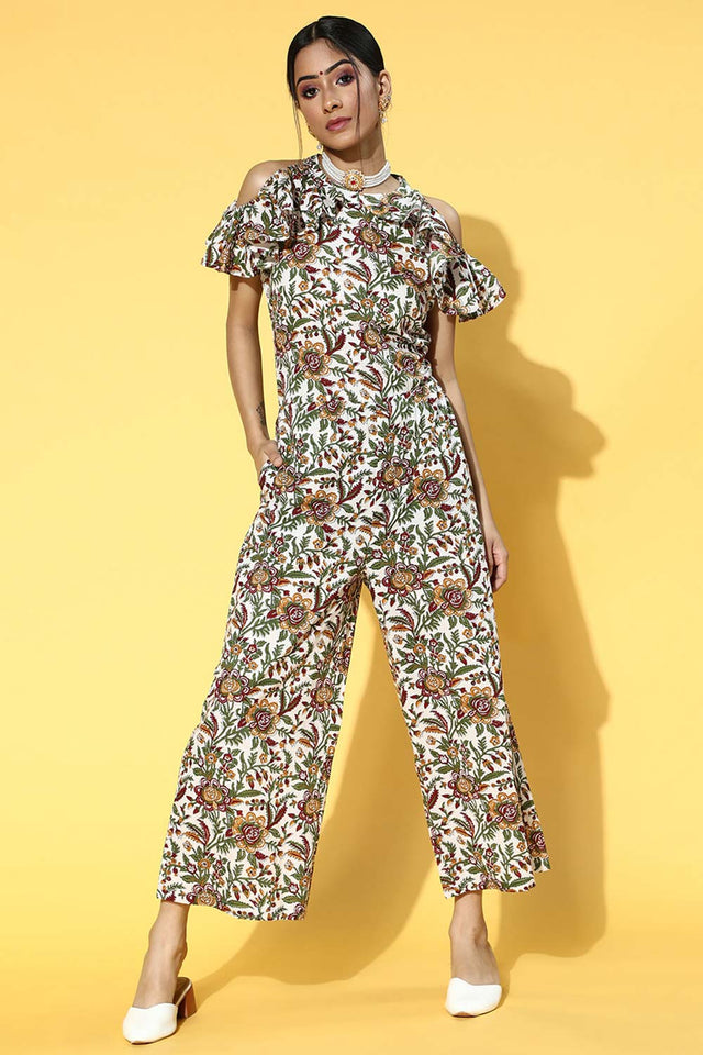 White Pure Cotton Floral Print Jumpsuit