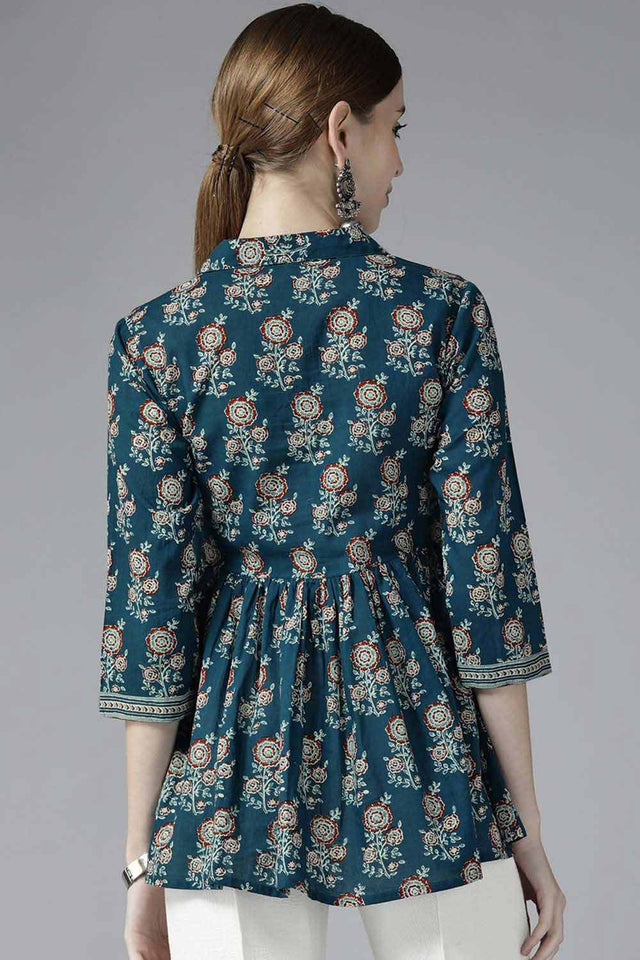 Blue Pure Cotton Screen Print(Floral) Top