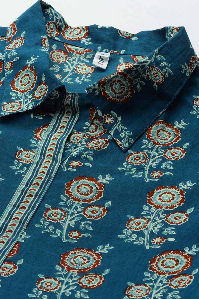 Blue Pure Cotton Screen Print(Floral) Top