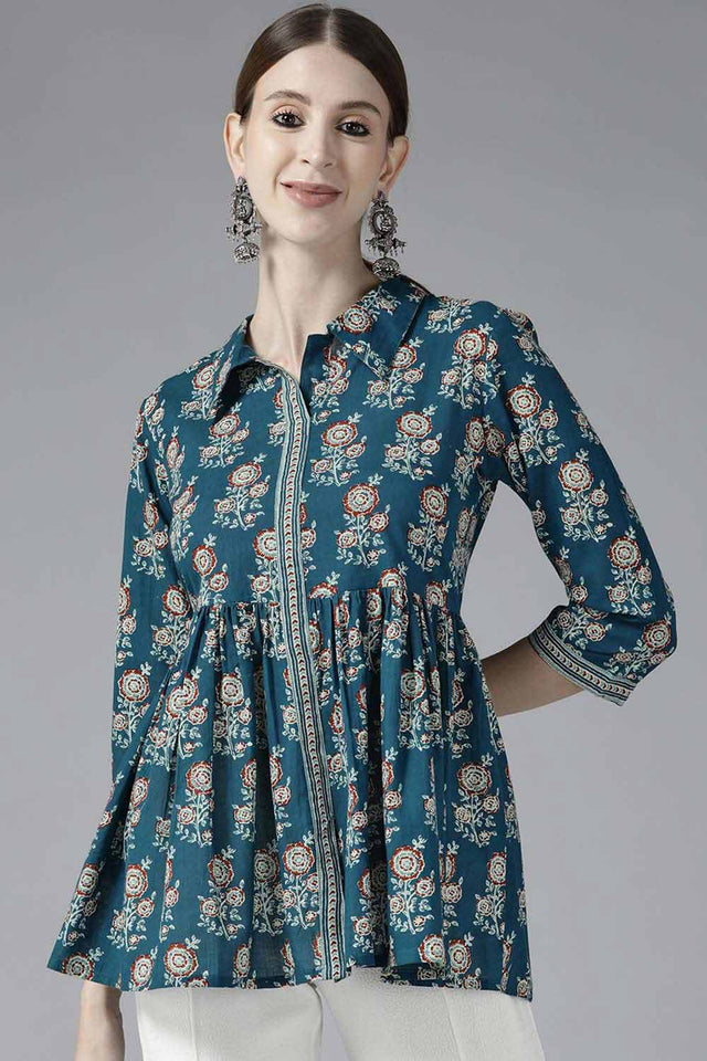 Blue Pure Cotton Screen Print(Floral) Top