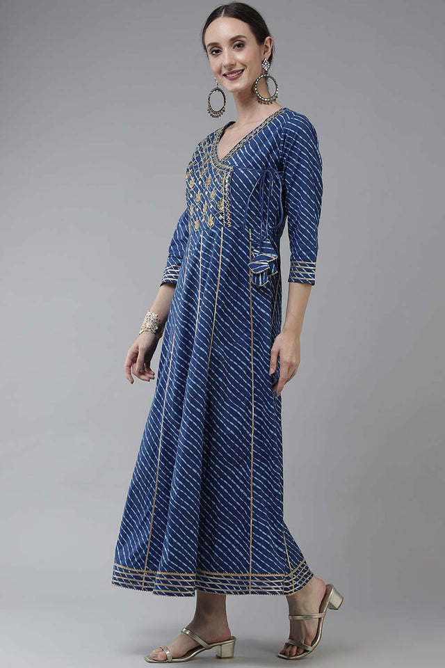 Blue Pure Cotton Embroidered and Bijia Lace And Mirror And Gotta Dress (9778DRSBL)