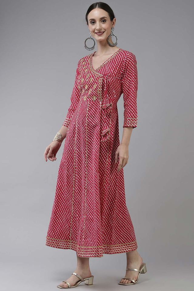 Pink Pure Cotton Embroidered and Bijia Lace And Mirror And Gotta Dress