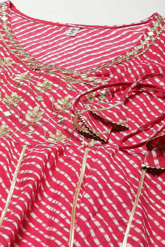 Pink Pure Cotton Embroidered and Bijia Lace And Mirror And Gotta Dress