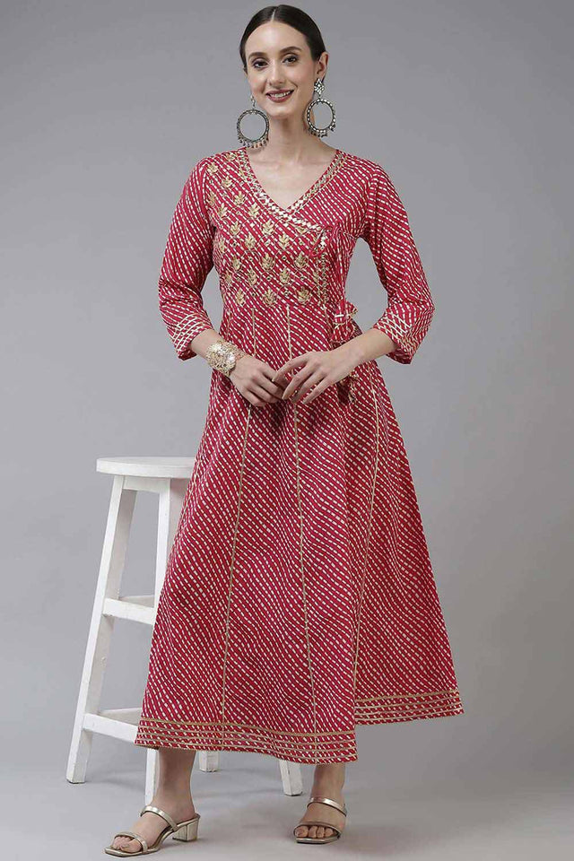 Pink Pure Cotton Embroidered and Bijia Lace And Mirror And Gotta Dress