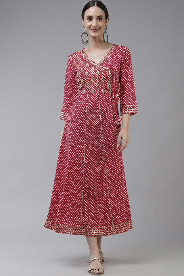 Pink Pure Cotton Embroidered and Bijia Lace And Mirror And Gotta Dress