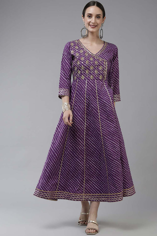 Purple Pure Cotton Embroidered and Bijia Lace And Mirror And Gotta Dress (9778DRSPR)
