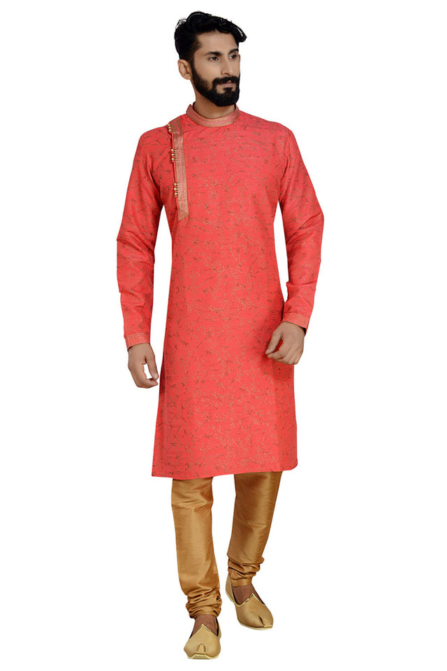 Men's Dhupion Art Silk Printed Kurta With Pajama In Red