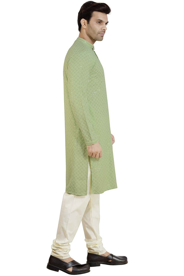 Men's Pista Green Rayon Cotton Sequin Embroidery Kurta Pajama Set