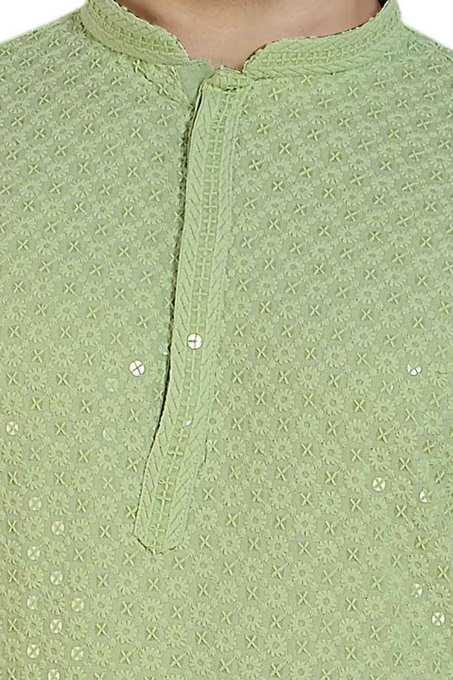 Men's Pista Green Rayon Cotton Sequin Embroidery Kurta Pajama Set