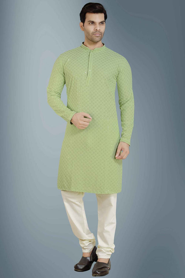 Men's Pista Green Rayon Cotton Sequin Embroidery Kurta Pajama Set