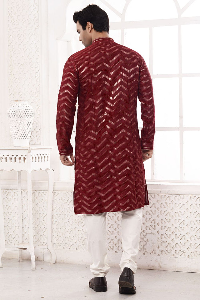 Maroon Rayon Embroidered Kurta Pajama Set
