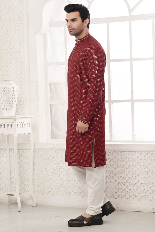 Maroon Rayon Embroidered Kurta Pajama Set