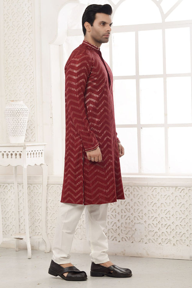 Maroon Rayon Embroidered Kurta Pajama Set